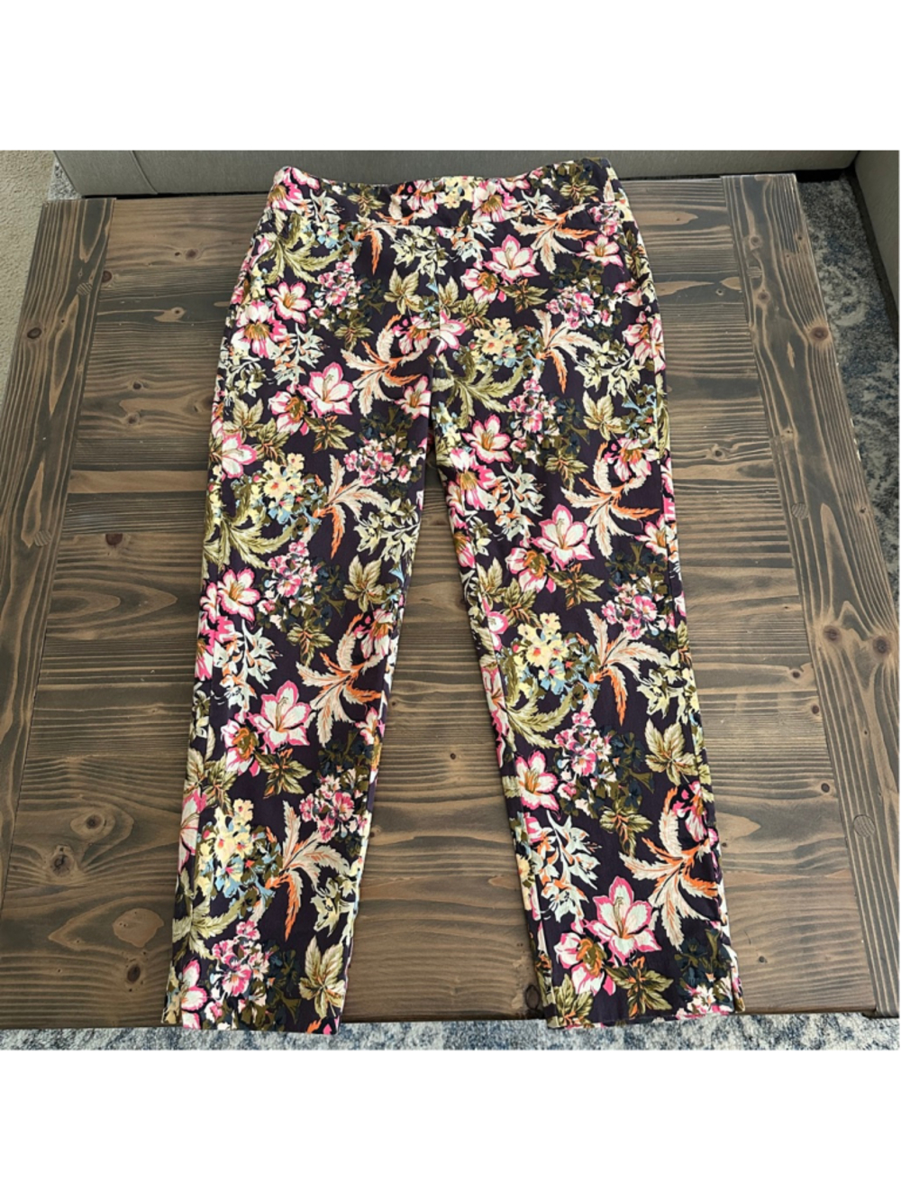 Soft Surroundings Floral Ankle Pants Womens L Brown Pink Stretch Crop - Picture 1 of 14